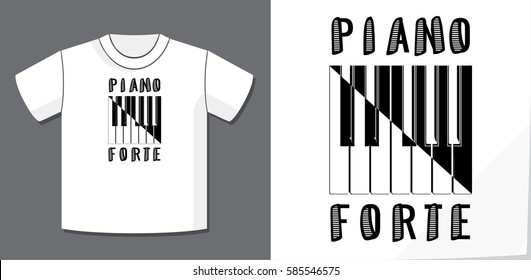 Piano Forte as Soft and Loud Calligraphy Illusion Logo Lettering and Piano Keys Composition with Application Example on T-Shirt Vector Template - Black on White Background - Yin Yang Graphic Design