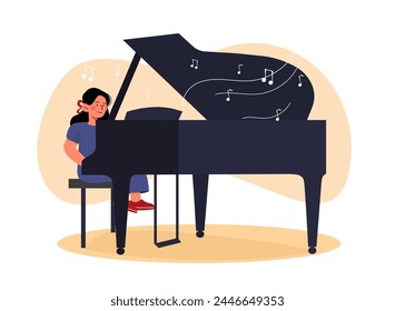 Piano girl concept. Kid performing at scene with musical instrument. Pianist at stage. Show and performance. Entertainment and leisure. Cartoon flat vector illustration isolated on white background