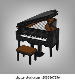 Piano, grand piano. Music, pianist. Musical instrument. Black grand piano. Modern vector illustration