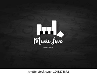 piano and hand love symbol. Love music logo template design. Vector illustration.