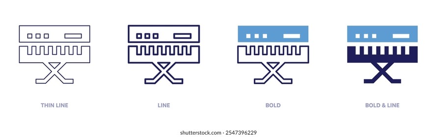 Klaviersymbol in 4 verschiedenen Stilen. Dünne Linie, Linie, Fett und Fette Linie. Duotone-Stil. Bearbeitbarer Strich.