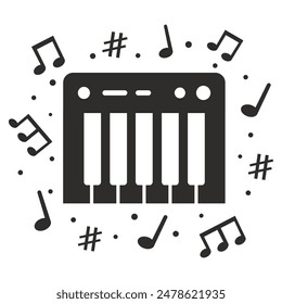 piano icon, black and white silhouette of piano, music symbol, flat vector illustration on white background
