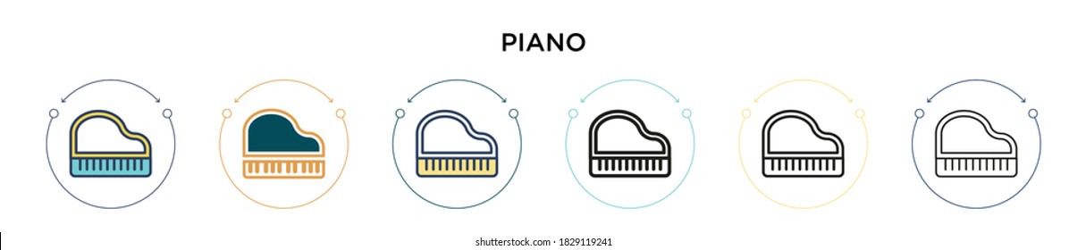 Klaviersymbol in vollem, dünner Linie, Umriss- und Strichstil. Vektorgrafik von zwei farbigen und schwarzen Piano-Vektorgrafiken-Designs kann für mobile, i, web-basierte