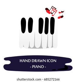 Piano icon. Hand drawn doodle music logo. Vector element. EPS10 illustration for web design, application, sticker, infographic. Childish drawing style keyboard image with music notes. 