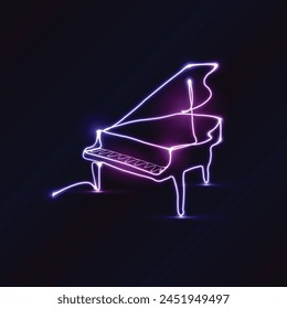 Piano icon. Neon design. Music sign. Line Art.  Vector illustration. Logo design template. One single line drawing. Modern classical music instruments concept. Hand drawn minimalistic style. Neon art.