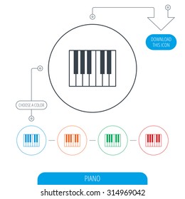 Piano icon. Royal musical instrument sign. Line circle buttons. Download arrow symbol. Vector