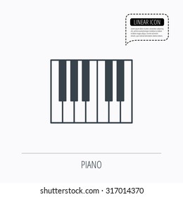 Piano icon. Royal musical instrument sign. Linear outline icon. Speech bubble of dotted line. Vector