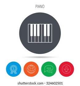 Piano icon. Royal musical instrument sign. Globe, download and speech bubble buttons. Winner award symbol. Vector
