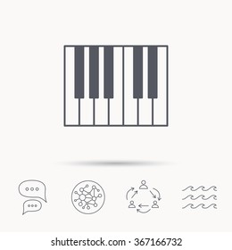 Piano icon. Royal musical instrument sign. Global connect network, ocean wave and chat dialog icons. Teamwork symbol.