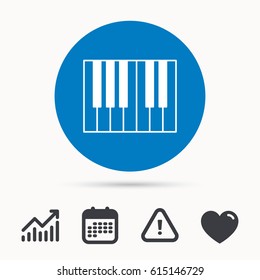 Piano icon. Royal musical instrument sign. Calendar, attention sign and growth chart. Button with web icon. Vector