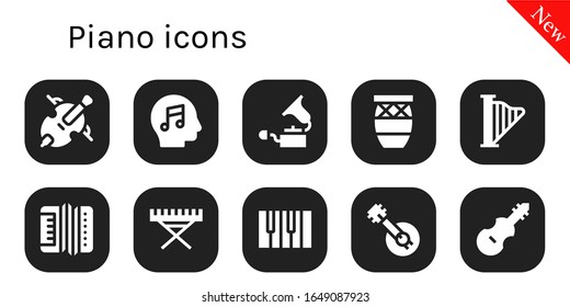 piano icon set. 10 filled piano icons. Included Cello, Music, Gramophone, Conga, Harp, Accordion, Electric piano, Banjo, Fiddle icons