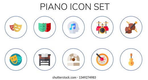 piano icon set. 10 flat piano icons.  Collection Of - theater, music, drum, cello, instrument