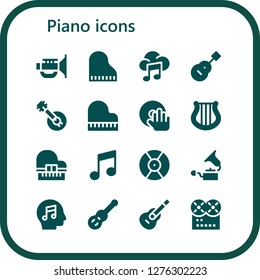  piano icon set. 16 filled piano icons. Simple modern icons about  - Jazz, Piano, Music, Guitar, Banjo, DJ, Harp, Gramophone