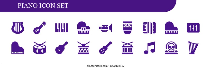  piano icon set. 18 filled piano icons. Simple modern icons about  - Harp, Mandolin, Piano, Jazz, Conga, Accordion, DJ, Drum, Guitar, Music