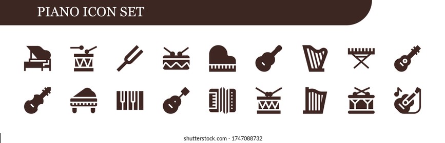 piano icon set. 18 filled piano icons. Included Piano, Drum, Diapason, Guitar, Harp, Electric Fiddle, Accordion icons