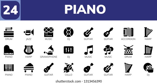 piano icon set. 24 filled piano icons.  Simple modern icons about  - Drum, Jazz, Music, DJ, Guitar, Accordion, Harp, Piano, Gramophone, Cello