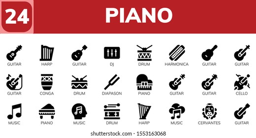 piano icon set. 24 filled piano icons.  Collection Of - Guitar, Harp, DJ, Drum, Harmonica, Conga, Diapason, Piano, Cello, Music, Cervantes icons