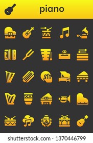 piano icon set. 26 filled piano icons.  Simple modern icons about  - Piano, Guitar, Drum, Music, Gramophone, Accordion, Diapason, Xylophone, Harp, Harmonica, DJ, Conga, Jazz, Cervantes