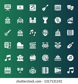 piano icon set. Collection of 36 filled piano icons included Music, Xylophone, Accordion, Drum, Conga, Theater, Cello, Drum set, Piano, Theatre, DJ, Banjo, Gramophone, Kettledrum