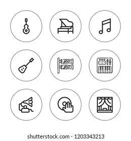 Piano icon set. collection of 9 outline piano icons with dj, instrument, koinobori, gramophone, mandolin, music, piano, theater icons. editable icons.