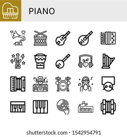 piano icon set. Collection of Piano, Gramophone, Drum, Double bass, Mandolin, Accordion, Bass guitar, Bongo, Banjo, Music, Harp, DJ, Drum set, Drums, Concertina icons