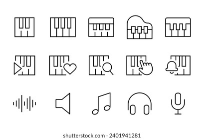 piano icon set. orchestra musical piano instrument  music line icons set, editable stroke isolated on white, linear vector outline illustration, symbol logo design style