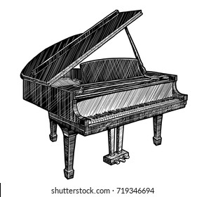 Piano illustration, drawing, engraving, ink, line art, vector