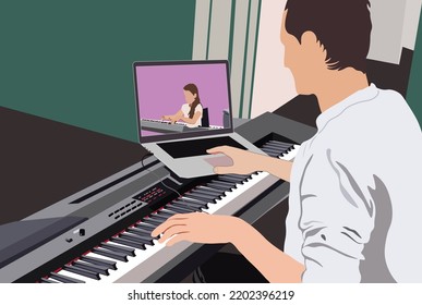 Piano Instructor Giving Online Lessons With Laptop. A Child Attends A Virtual Class With A Piano Instructor.