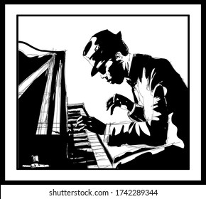 Jazz de piano - Pianista masculino practicando - ilustración vectorial (ideal para imprimir en tela o papel, afiche o papel tapiz, decoración de casa)