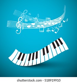 Piano Keyboard. Abstract Keys Wave with Notes and Staff on Blue Background. Recording Studio Vector Logo.