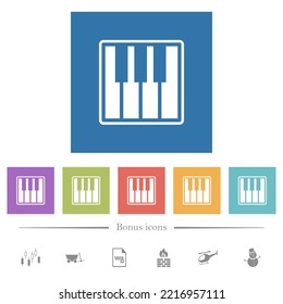 Piano keyboard alternate flat white icons in square backgrounds. 6 bonus icons included.