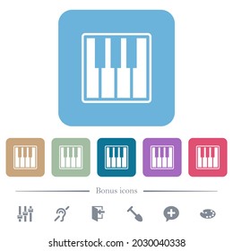 Piano keyboard alternate white flat icons on color rounded square backgrounds. 6 bonus icons included