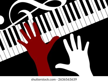 Piano keyboard with colorful pianist hands, background decorated with treble clef, love for music and creative expression