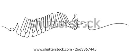 piano keyboard curve shape one line continuous drawing and music notes minimalism decorative art