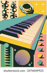 Piano Keyboard, Electric Keyboard, Tea Cup, 3D Effect Abstract Poster, Vector Elemetnts, Geometric Shapes and Original Colors Combination