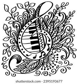 Piano keyboard and floral ornament. Hand drawn vector illustration in doodle style.