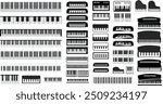 Piano keyboard, harmonium vector arts illustration. row of black and white keys, acoustic music instrument, rock jazz piano silhouette, music band piano keyboard vector illustration set 