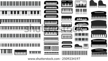Piano keyboard, harmonium vector arts illustration. row of black and white keys, acoustic music instrument, rock jazz piano silhouette, music band piano keyboard vector illustration set 