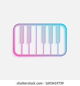 Piano keyboard icon. Colored logo with diagonal lines and blue-red gradient. Neon graphic, light effect