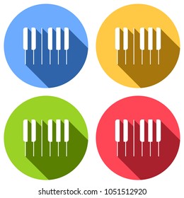 Piano keyboard icon. Horizontal view. Set of white icons with long shadow on blue, orange, green and red colored circles. Sticker style