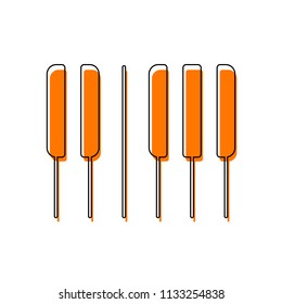 Piano keyboard icon. Horizontal view. Isolated icon consisting of black thin contour and orange moved filling on different layers. White background