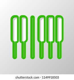 Piano keyboard icon. Horizontal view. Paper style. Cut symbol with green bold contour on shape and simple shadow
