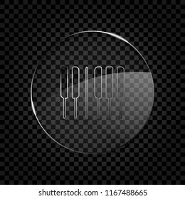 Piano keyboard icon. Horizontal view. Icon in circle glass bubble on dark transparent grid. Glass style