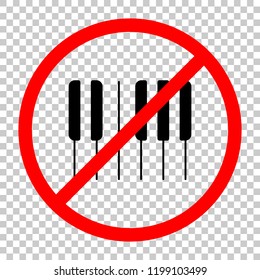Piano keyboard icon. Horizontal view. Not allowed, black object in red warning sign with transparent background