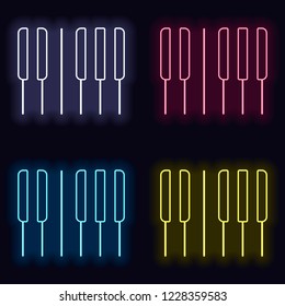 Piano keyboard icon. Horizontal view. Set of fashion neon sign. Casino style on dark background. Seamless pattern