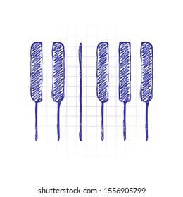 Piano keyboard icon. Horizontal view. Hand drawn sketched picture with scribble fill. Blue ink. Doodle on white background
