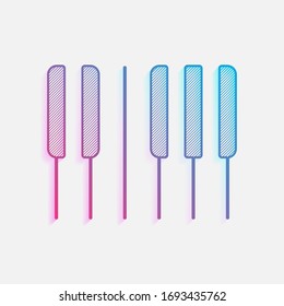 Piano keyboard icon. Horizontal view. Colored logo with diagonal lines and blue-red gradient. Neon graphic, light effect