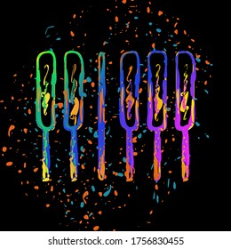 Piano keyboard icon. Horizontal view. Colored ink with splashes on black background