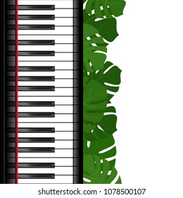 Piano keyboard and monstera leaves frame as template for card. Vector illustration