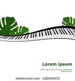 Piano keyboard and monstera leaves frame as template for card. Vector illustration